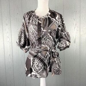 Banana Republic Silk Blouse‎ Brown Paisley Puff Sleeve Fairy Grunge Whimsigoth